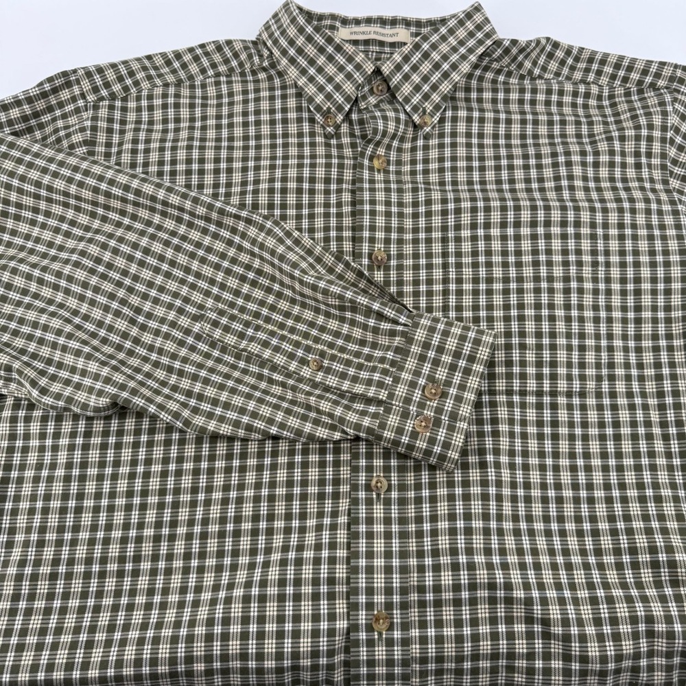 LL Bean Button Down Shirt Mens Large Tall Wrinkle Resistant Plaid Olive‎ Green